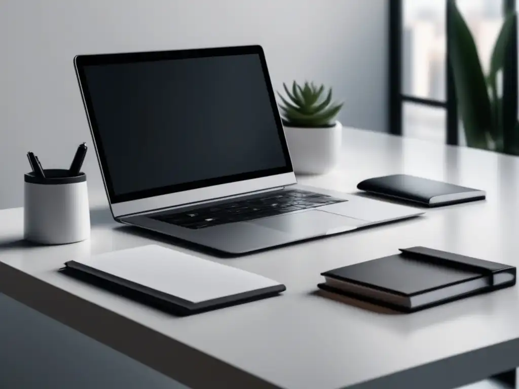 Escritorio minimalista con diseño moderno Escritorio minimalista con diseño moderno y elegante, con laptop, portalápices y notepad