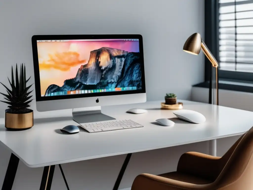 Elegante oficina minimalista con escritorio blanco y accesorios modernos
