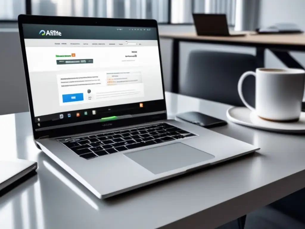 Escritorio minimalista con laptop y herramientas SEO Escritorio minimalista con laptop mostrando sitio web de herramientas SEO para programas de afiliados