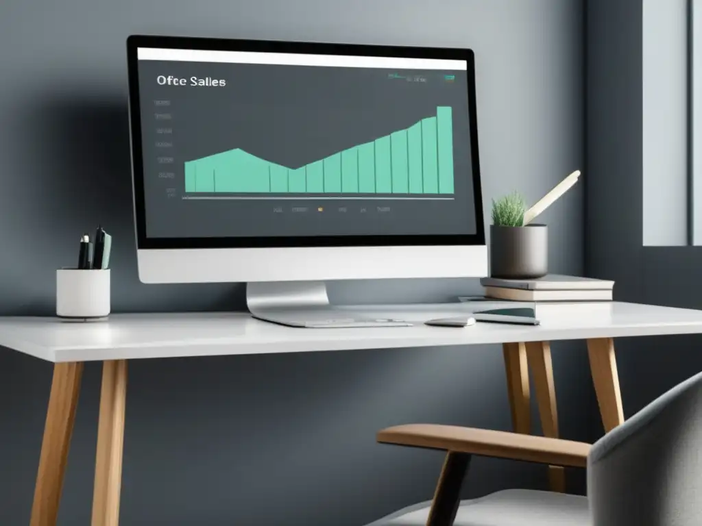 Escritorio minimalista con monitor de ventas Escritorio minimalista con monitor mostrando gráfico de ventas, programas de afiliados CPA efectivos