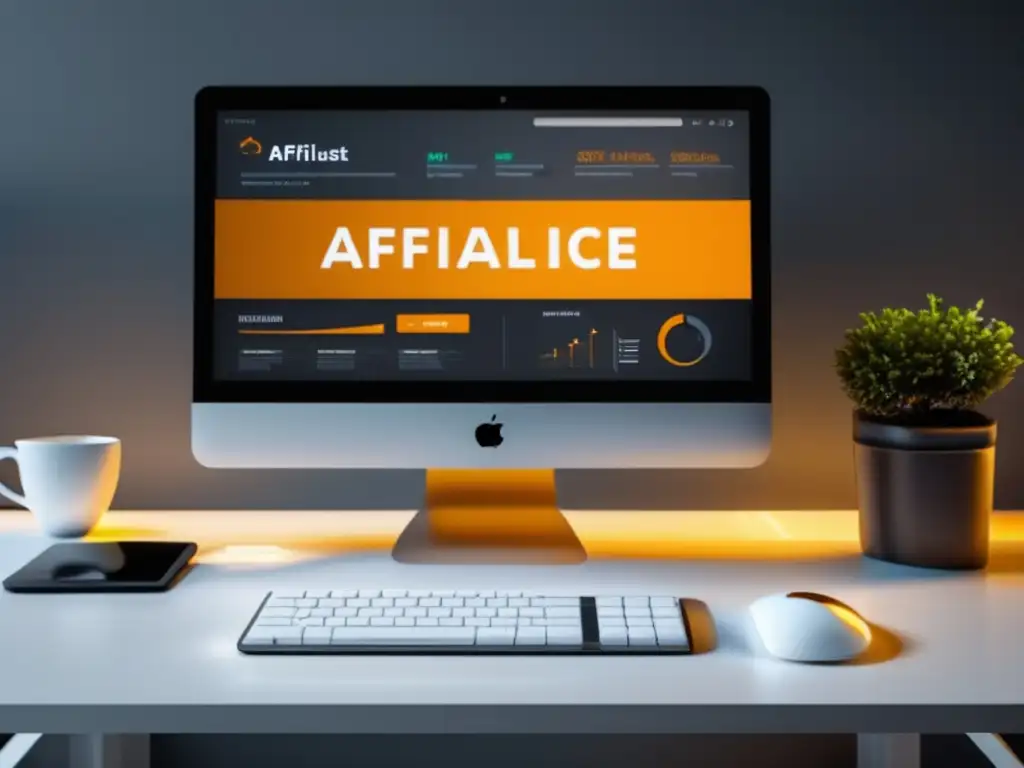 Escritorio minimalista con monitor y métricas de marketing Escritorio minimalista con métricas clave para mejorar conversiones en marketing de afiliados