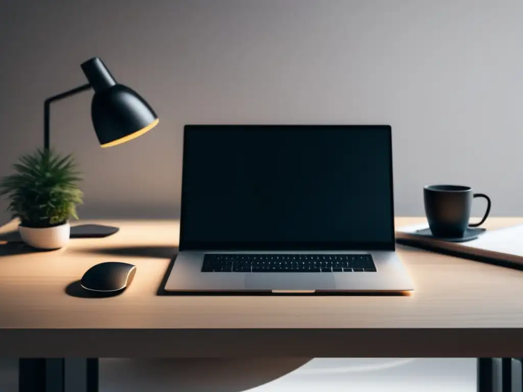 Escritorio minimalista con laptop, ratón y notepad Escritorio minimalista 8k, ambiente profesional y ético para evitar sanciones en marketing de afiliados