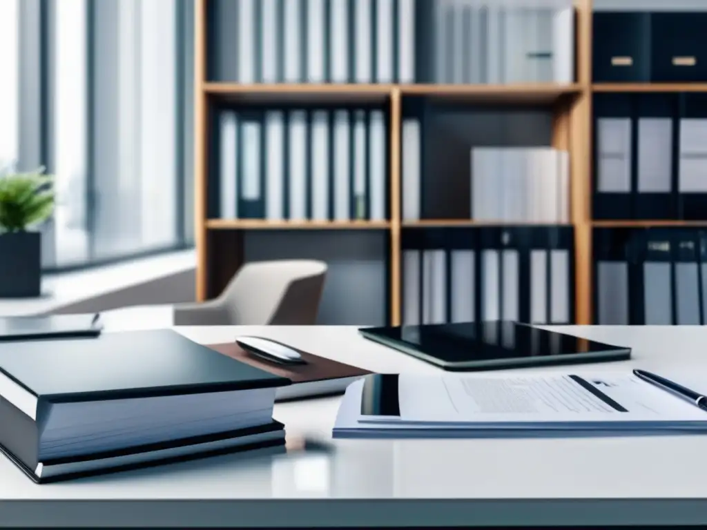 Escritorio de oficina moderno con documentos y laptop Escritorio de oficina blanco con documentos de marketing de afiliados y vista panorámica de la ciudad