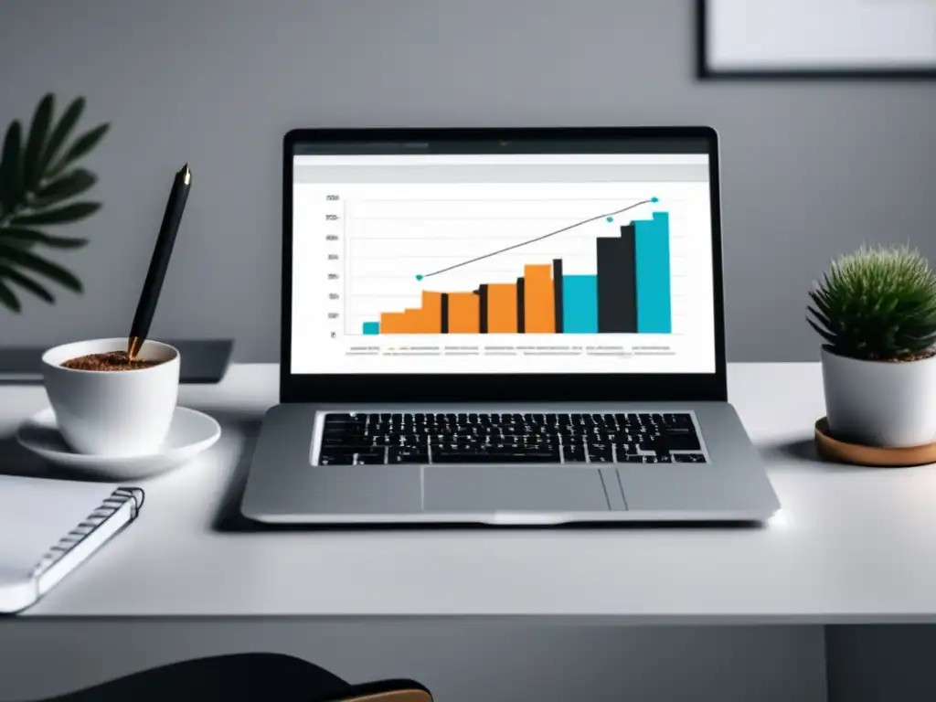 Escritorio minimalista para un espacio de trabajo profesional Escritorio minimalista con laptop, libreta y bolígrafo, reflejando una estrategia de marketing de afiliados rentable