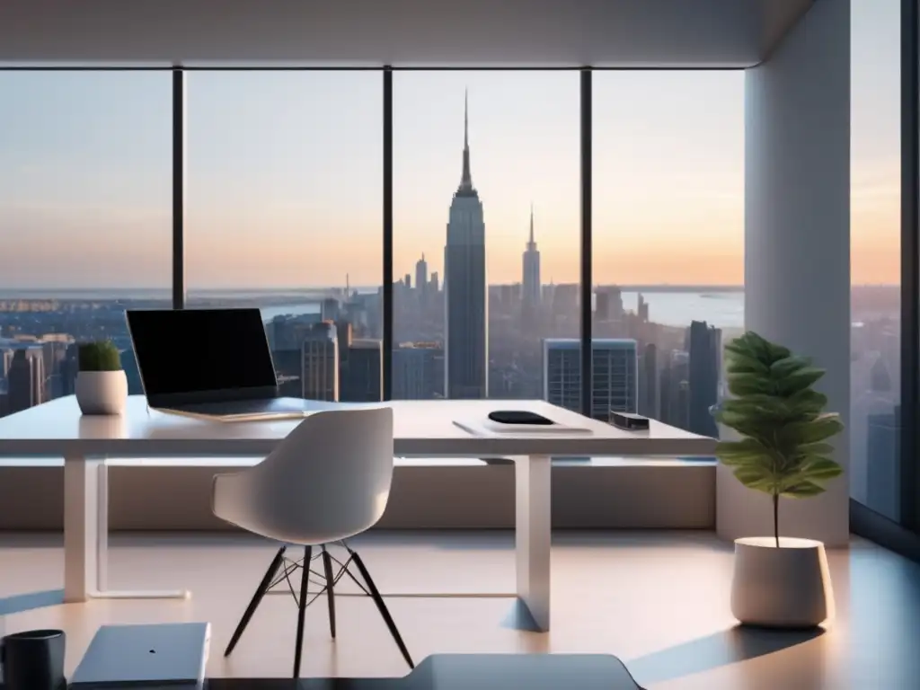 Espacio de trabajo minimalista con vista a la ciudad Espacio de trabajo minimalista de alta resolución, con escritorio blanco, laptop y taza de café