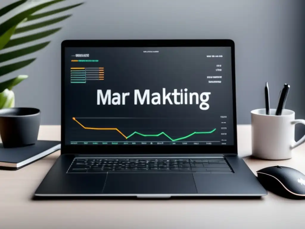 Escritorio minimalista con laptop, gráfico de ganancias y taza de café Recursos esenciales para maximizar ingresos en marketing de afiliados
