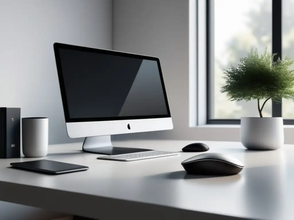 Espacio de trabajo moderno y minimalista Espacio de trabajo moderno con laptop, mouse inalámbrico y café - Mitos sobre el marketing de afiliados