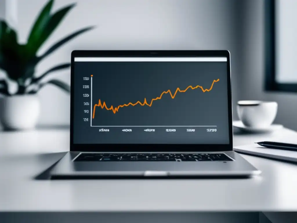 Laptop en escritorio blanco con gráfico de crecimiento Casos éxito marketers afiliados - Laptop en escritorio blanco, gráfico crecimiento ingresos, ambiente productivo