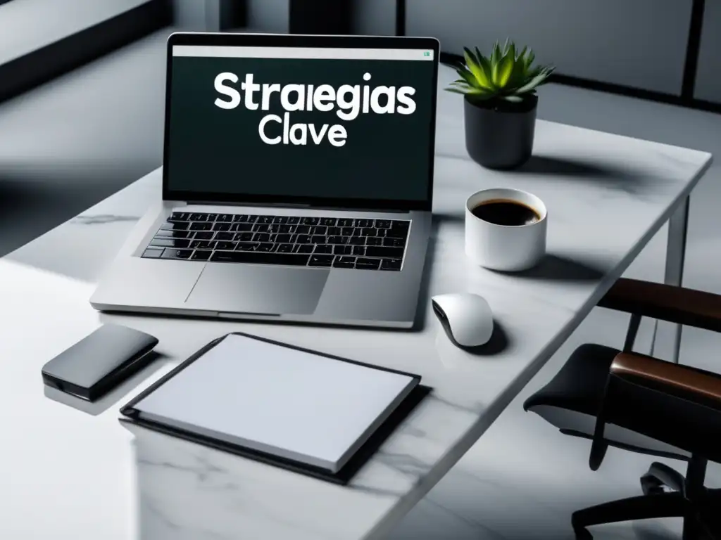 Escritorio minimalista con laptop y vista a la ciudad Escritorio minimalista de mármol blanco con laptop plateada y notas de 'Estrategias Clave'