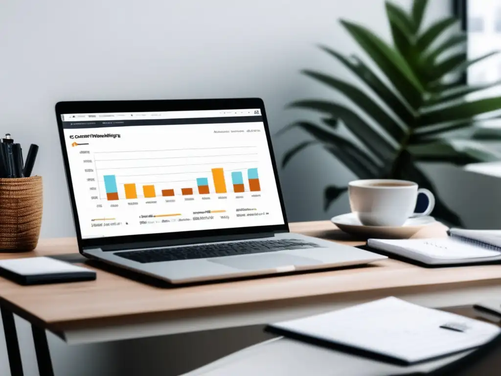 Escritorio minimalista para estrategias de marketing de afiliados Escritorio blanco con laptop y notas: estrategias de contenido efectivas para dominar el marketing de afiliados