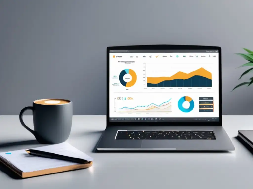 Espacio de trabajo minimalista y moderno con laptop mostrando estrategias avanzadas de marketing de afiliados