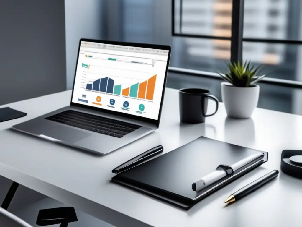 Escritorio moderno y minimalista para trabajar con regulaciones legales Configuración minimalista y moderna de escritorio para regulaciones legales en marketing de afiliados