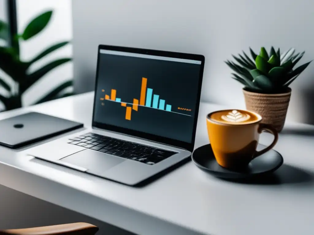 Escritorio minimalista con laptop y gráfico de ganancias Imagen: Estrategias para aumentar ganancias en el marketing de afiliados