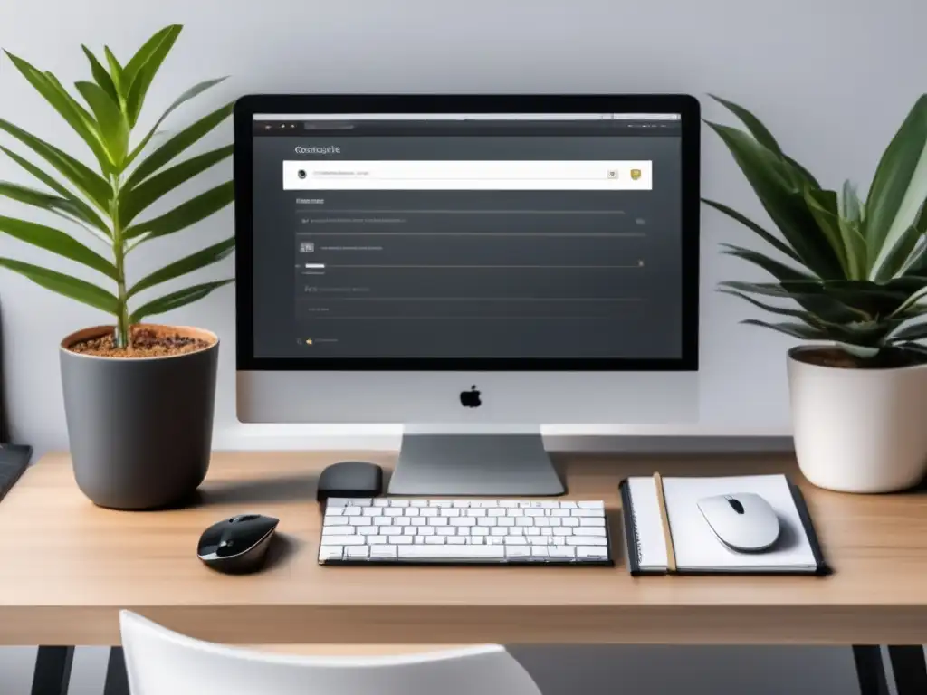 Escritorio minimalista y organizado con equipo de oficina moderno Escritorio minimalista con monitor, teclado y ratón inalámbricos, bloc de notas y pluma