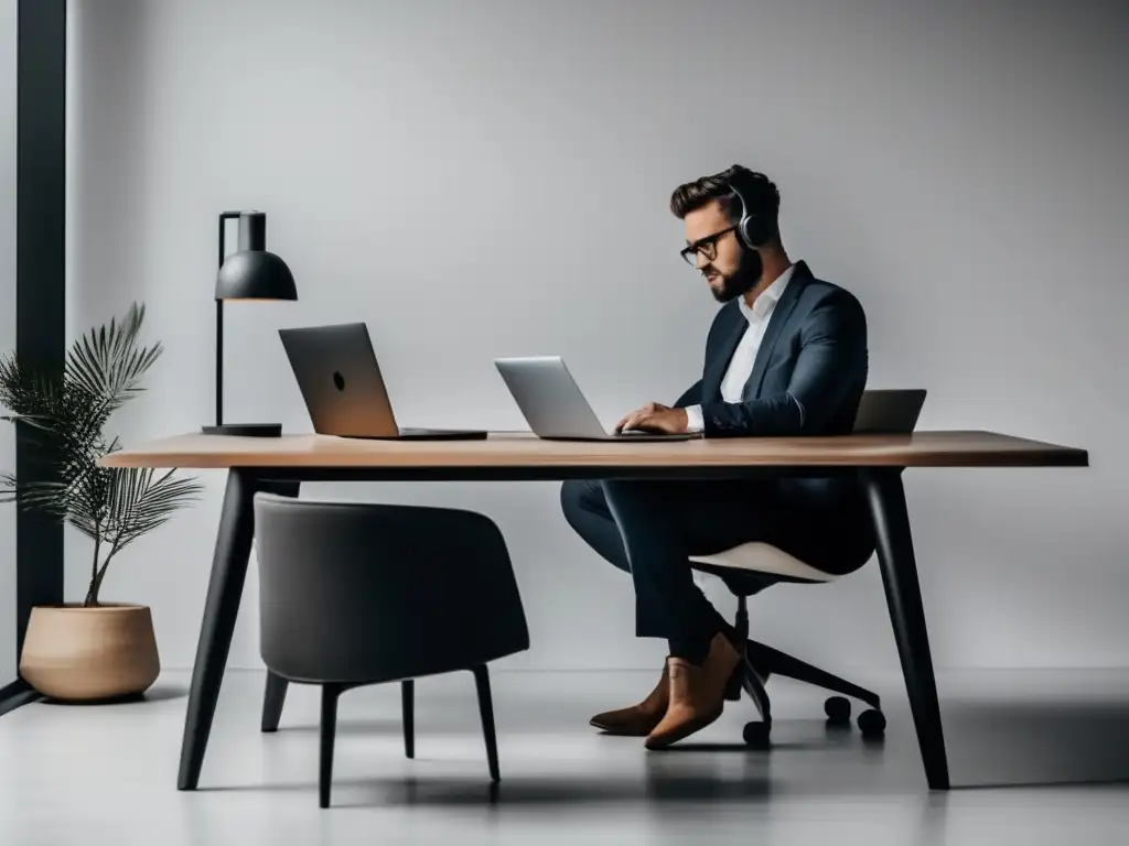 Escritorio minimalista y organizado Pasos clave para éxito en marketing afiliados: persona enfocada en escritorio moderno con laptop, organizado y motivador
