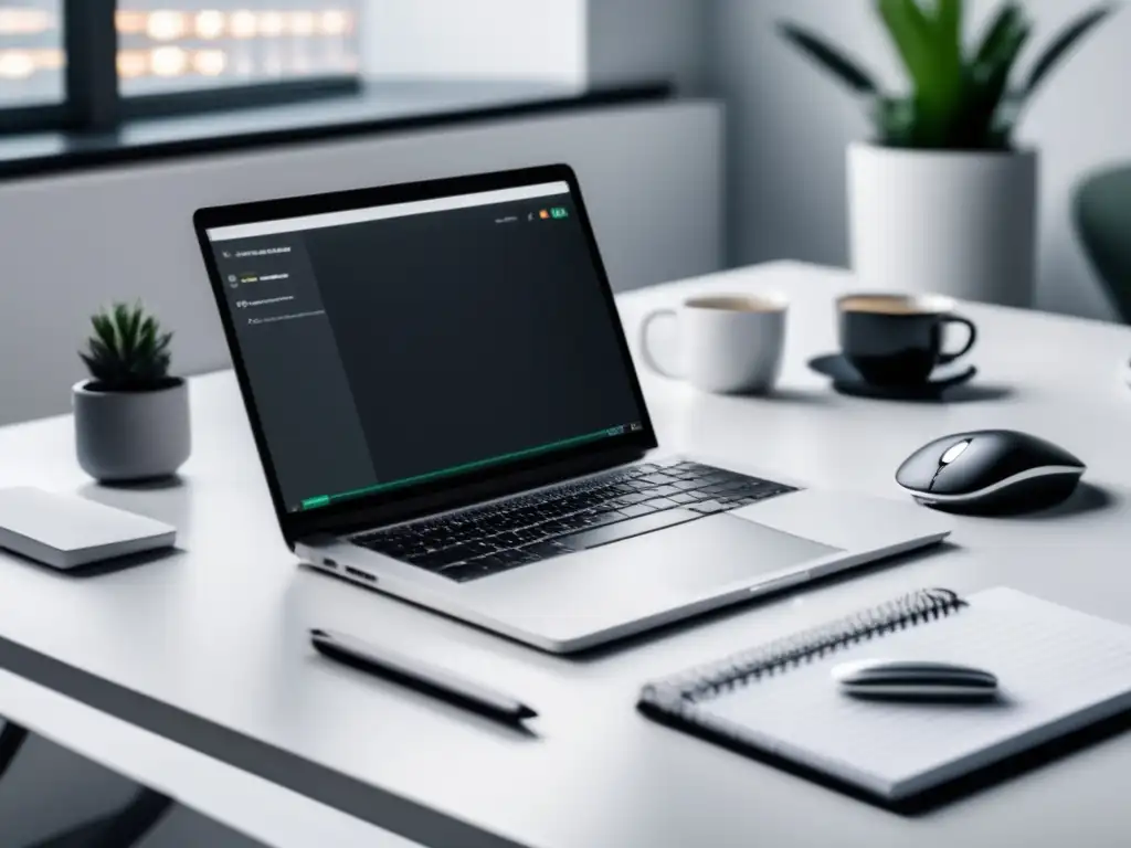 Escritorio minimalista con software de marketing de afiliados Escritorio minimalista con laptop, software para aumentar ventas en marketing de afiliados