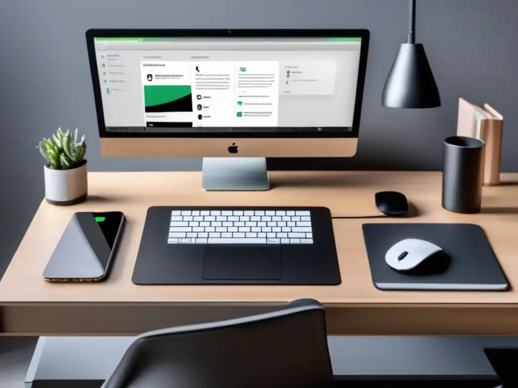 Oficina minimalista con escritorio negro mate y laptop Escritorio minimalista con elementos esenciales y reloj moderno para estrategias de contenido en marketing de afiliados