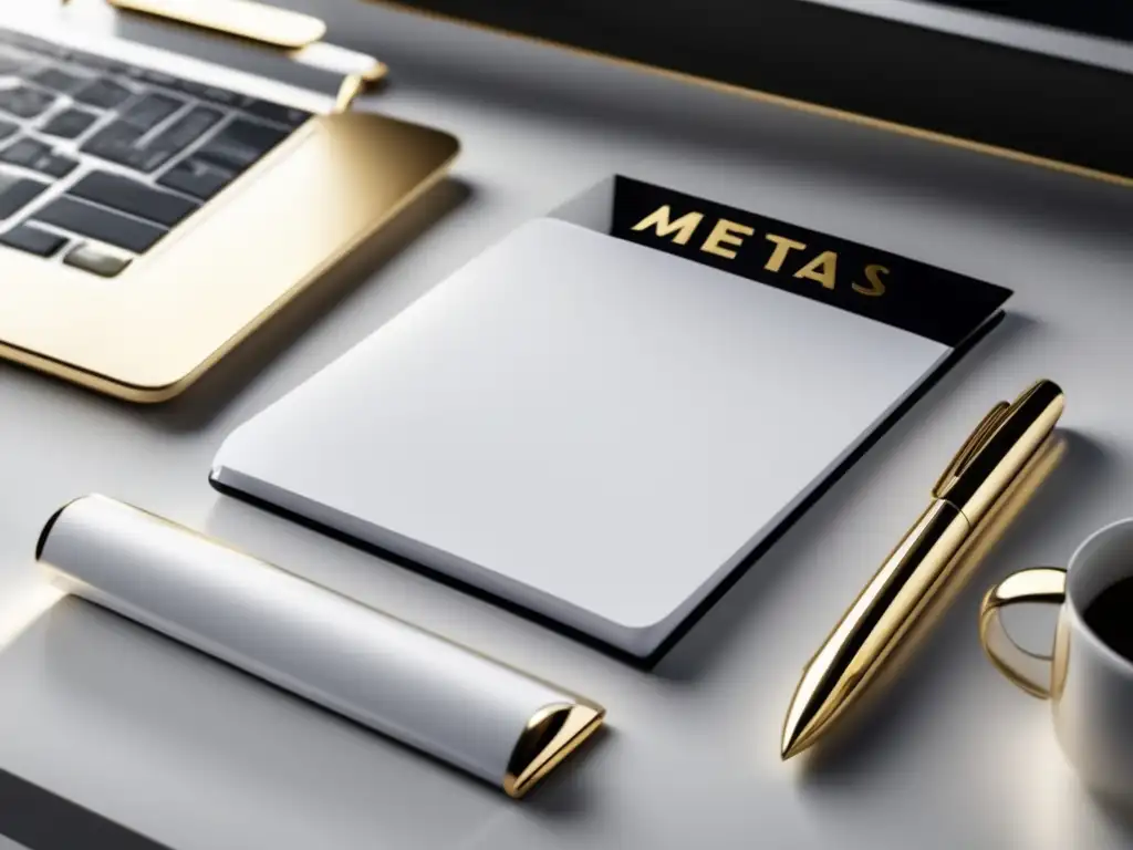 Oficina minimalista con escritorio elegante Escritorio minimalista con laptop plateada y metas SMART de estrategia de marketing de afiliados exitosa