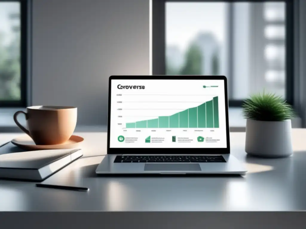 Espacio de trabajo minimalista con laptop, gráfico y café Espacio de trabajo minimalista con laptop, cuaderno y café en un escritorio blanco