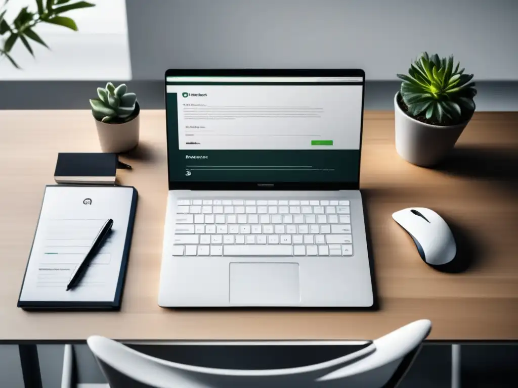 Escritorio minimalista con laptop, teclado y mouse inalámbricos Escritorio de oficina minimalista con laptop, teclado inalámbrico y regulaciones legales de marketing de afiliados