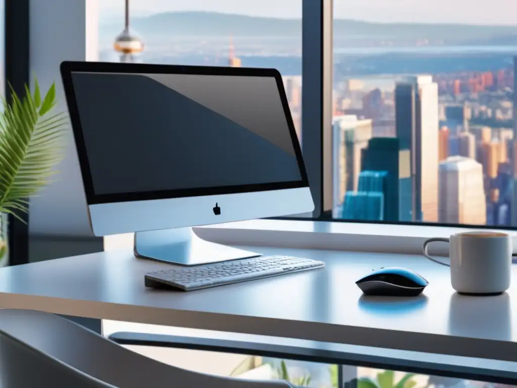 Espacio de trabajo minimalista y productivo Escritorio minimalista con elementos esenciales y vista a la ciudad: Buenas prácticas para generar ingresos en el marketing de afiliados