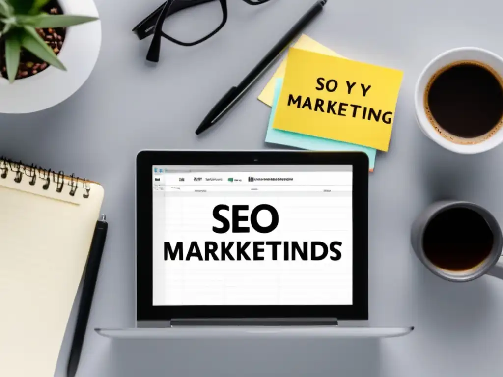Escritorio minimalista con herramienta de SEO Escritorio minimalista con laptop, notas y café - SEO y marketing de afiliados