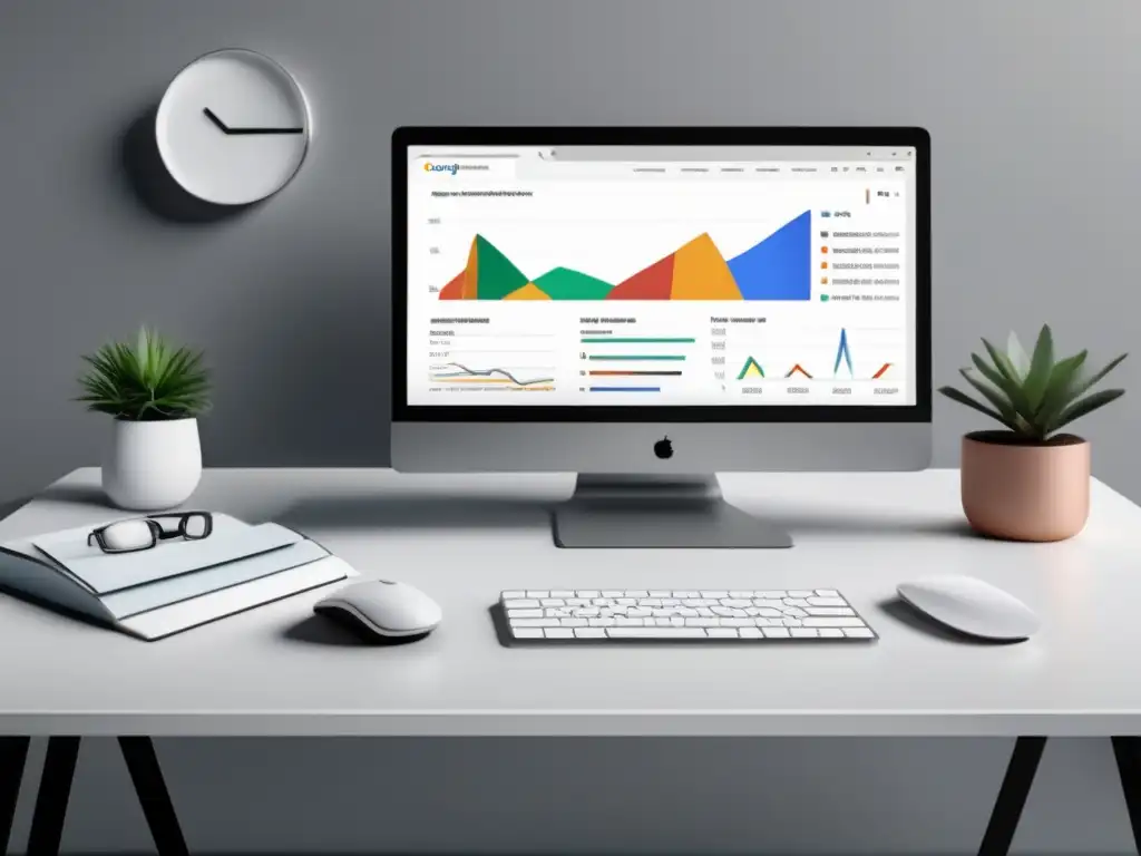 Oficina minimalista con escritorio de mármol blanco Oficina minimalista con herramientas SEO para marketing de afiliados