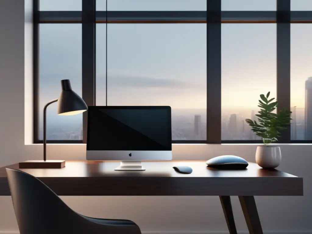 Espacio de trabajo minimalista con escritorio de madera oscura, laptop elegante y herramientas de SEO para marketing de afiliados