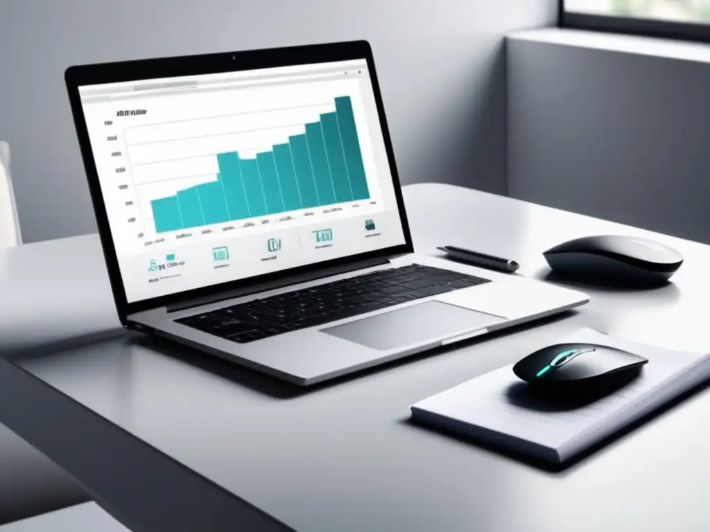 Espacio de trabajo minimalista y moderno Espacio de trabajo minimalista y moderno con escritorio limpio y laptop mostrando gráfica de herramientas de afiliados