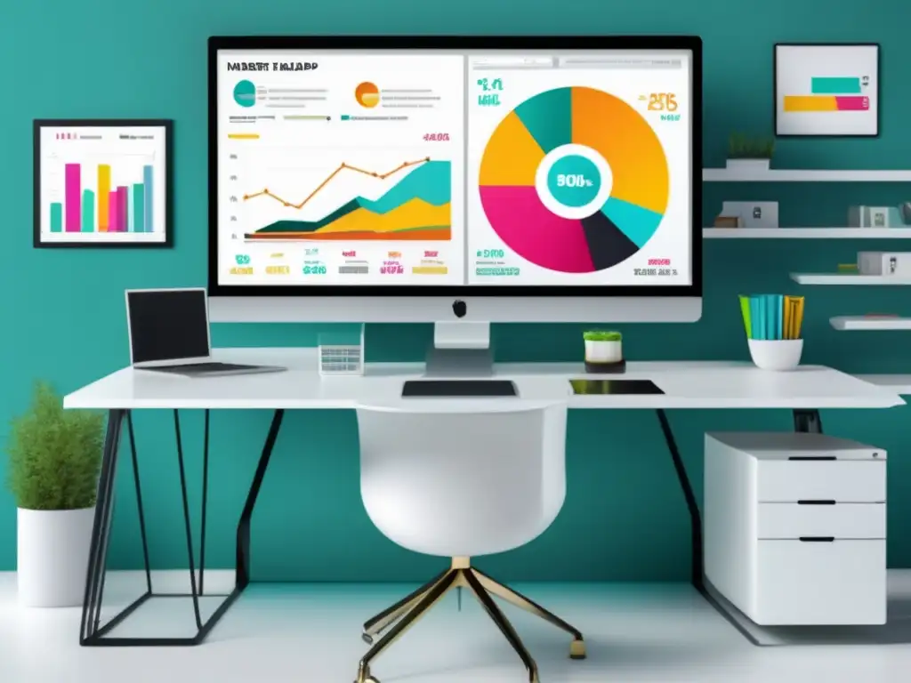 Espacio de trabajo moderno con dashboard de análisis de mercado Herramientas de research de mercado para marketing de afiliados en una imagen de 8K con estilo minimalista y moderno, mostrando un espacio de trabajo limpio y ordenado con un escritorio blanco y un monitor grande que muestra un dinámico panel de control de investigación de mercado