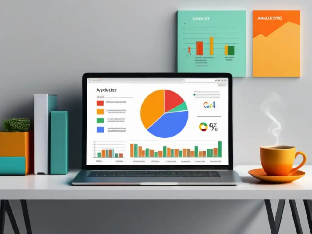 Escritorio moderno con monitor de Google Analytics Mejores prácticas Google Analytics campañas de afiliados en una imagen moderna y minimalista
