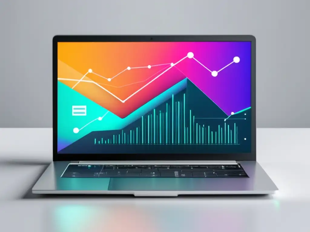 Laptop con visualización de datos en escritorio blanco Imagen: Laptop moderno en escritorio blanco, visualización de datos vibrante