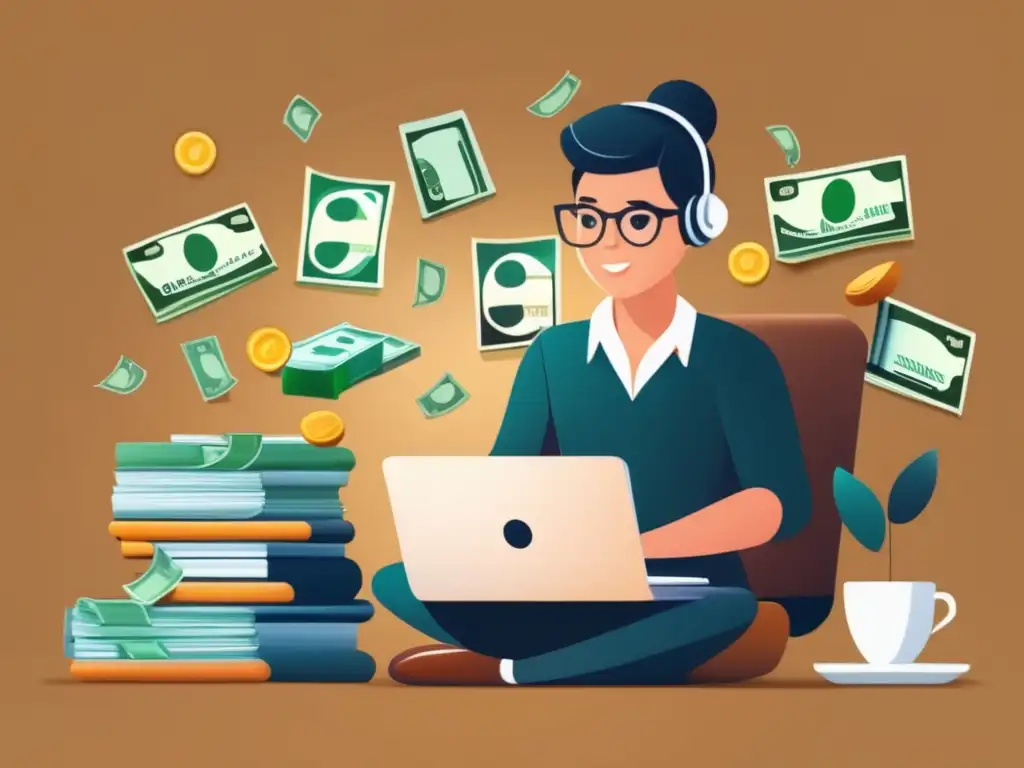 Persona enfocada en el marketing de afiliados Ilustración moderna de una persona en escritorio con laptop, dinero y herramientas de marketing