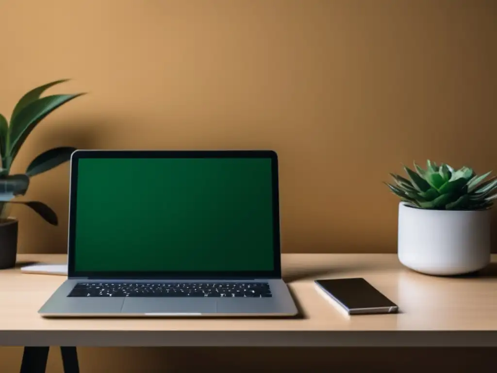 Escritorio moderno con laptop, notebook y planta Escritorio moderno y minimalista con laptop y plantas: estrategias para ganar dinero con programas de afiliados