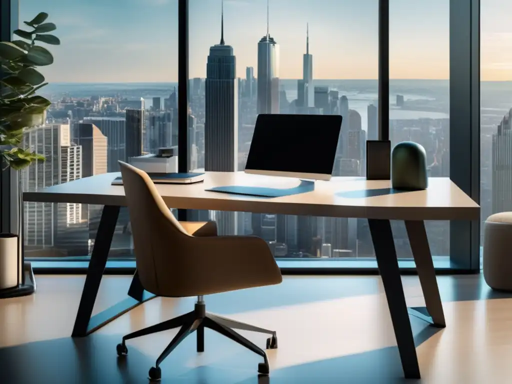 Espacio de trabajo moderno y eficiente Espacio de trabajo moderno con vista a la ciudad y herramientas de conversión en marketing de afiliados