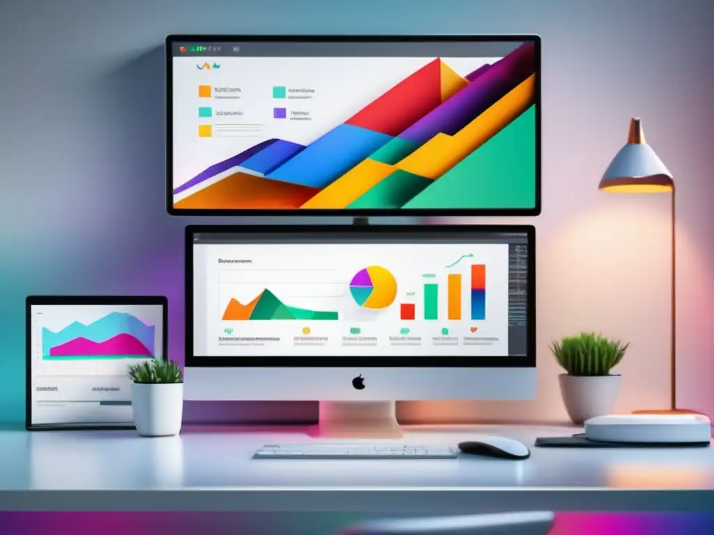 Oficina moderna y elegante con equipo de trabajo eficiente Escritorio moderno con monitor, gráficos de seguimiento de ventas de afiliados y herramientas de trabajo