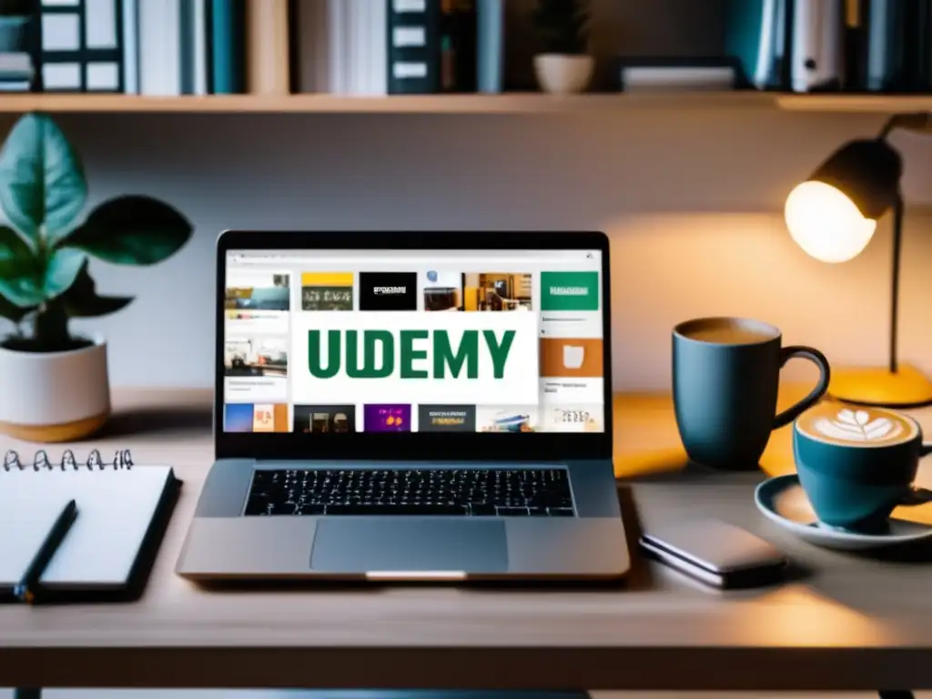 Persona trabajando en un escritorio moderno con Udemy Persona trabajando en un escritorio moderno con laptop y café