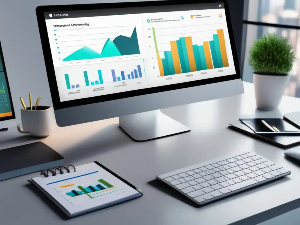 Escena de escritorio moderno y profesional Escritorio blanco con laptop, gráficos y análisis de marketing, productividad y elementos representativos del mercado