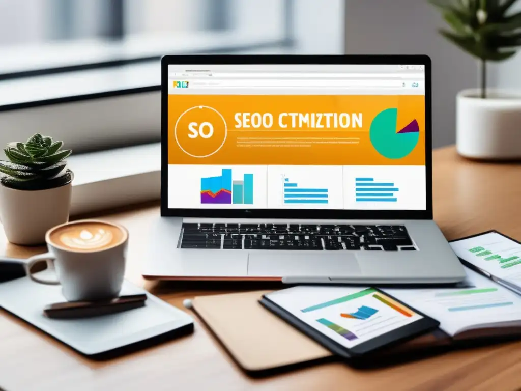 Optimización SEO y marketing de afiliados Imagen de laptop en escritorio, con dashboard SEO y estrategias para aumentar ganancias en marketing de afiliados