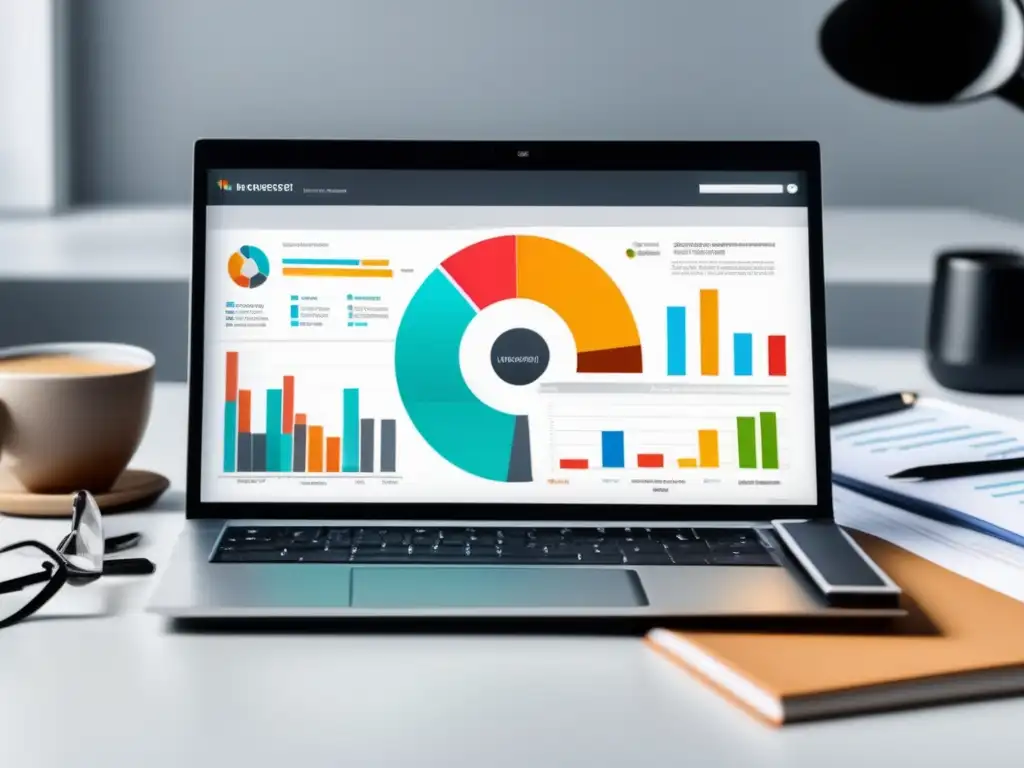 Laptop profesional para análisis de palabras clave Laptop moderno en un escritorio blanco con herramientas de análisis de palabras clave y competidores, mostrando datos de análisis en la pantalla