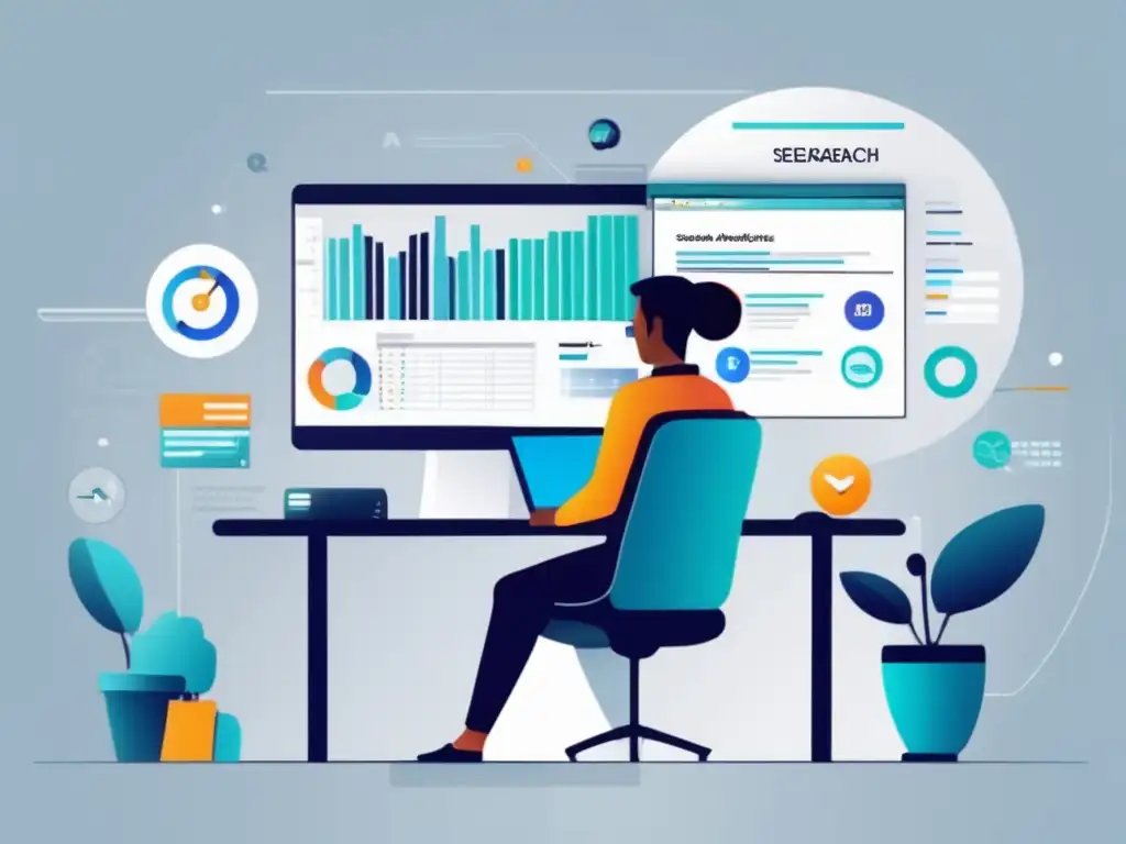 Persona trabajando en escritorio moderno y futurista Ilustración minimalista de una persona trabajando en un escritorio futurista con herramientas de SEO