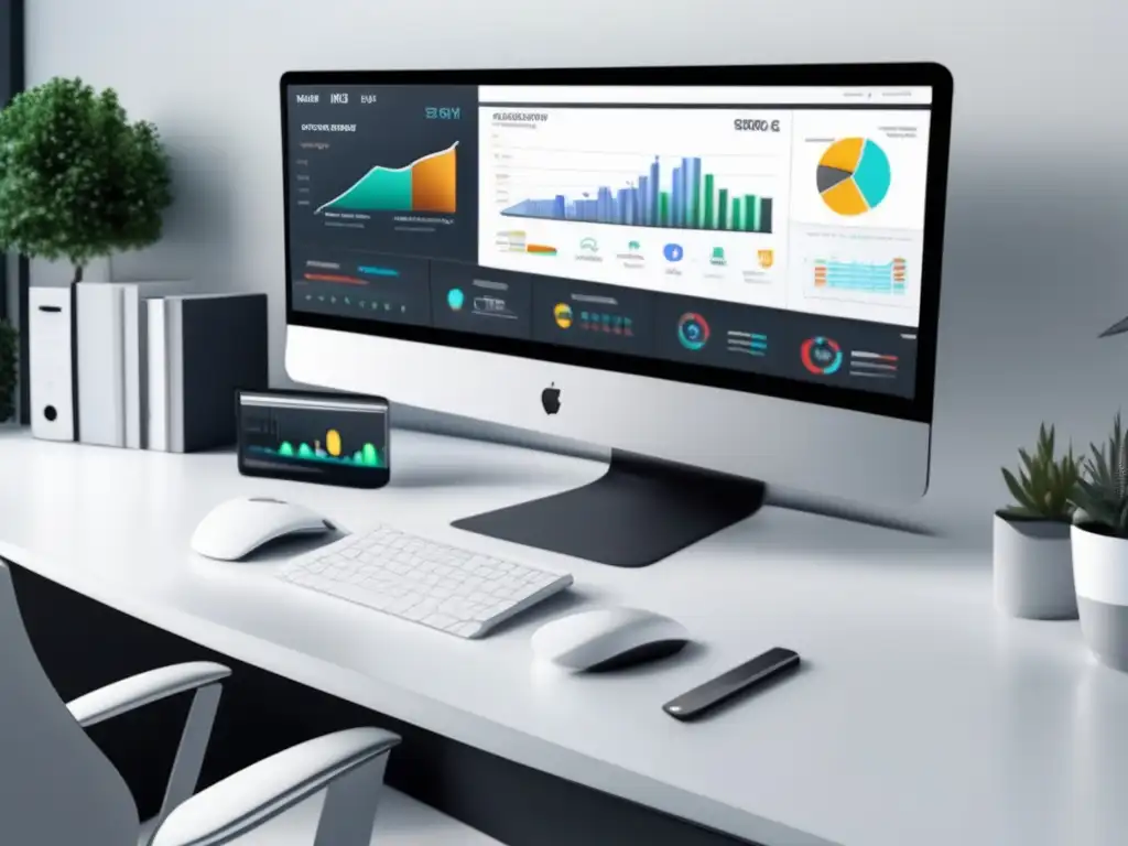 Escritorio minimalista con monitor curvo y herramientas de SEO para marketing de afiliados