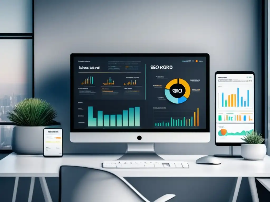 Espacio de trabajo SEO eficiente y minimalista Espacio de trabajo minimalista con monitor SEO y herramientas para marketing de afiliados