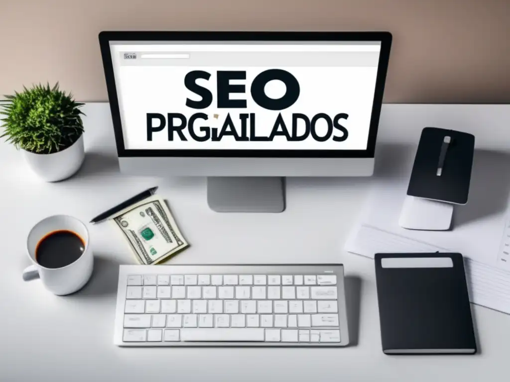 Escritorio moderno con herramientas SEO y programa de afiliados Escritorio blanco con herramientas de SEO y programas de afiliados