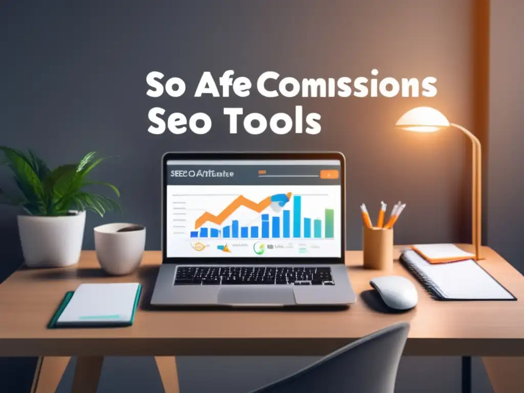 Escritorio SEO de alto rendimiento Escritorio moderno con laptop, notas y herramientas SEO