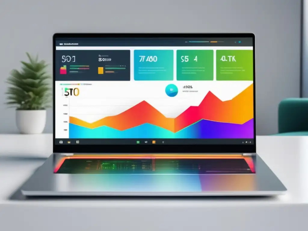 Escritorio minimalista con laptop y dashboard SEO Imagen: Laptop SEO dashboard con herramientas para marketers de afiliados