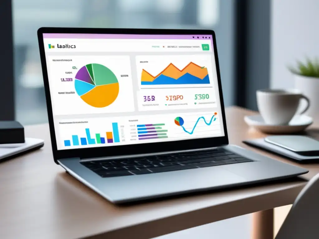 Escritorio minimalista con laptop y dashboard SEO Laptop moderno en escritorio minimalista con dashboard SEO y estrategias de SEO para aumentar la autoridad de un sitio de afiliados