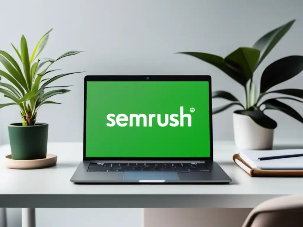 Laptop en escritorio con planta y métricas SEO, herramientas de SEO para marketing de afiliados
