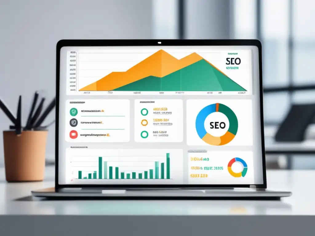 Laptop SEO con gráficos y herramientas Laptop moderno con herramientas de SEO y métricas para aumentar ventas en marketing de afiliados