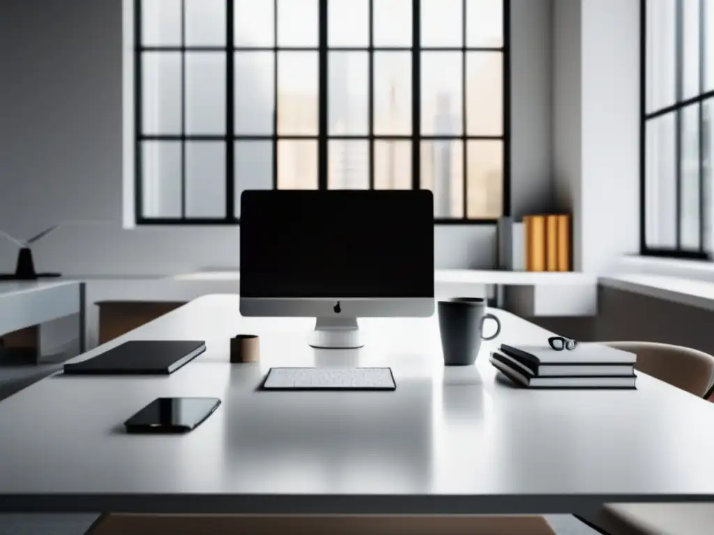 Espacio de oficina minimalista y moderno con escritorio blanco Oficina moderna y minimalista con escritorio blanco, laptop, libros y vista panorámica